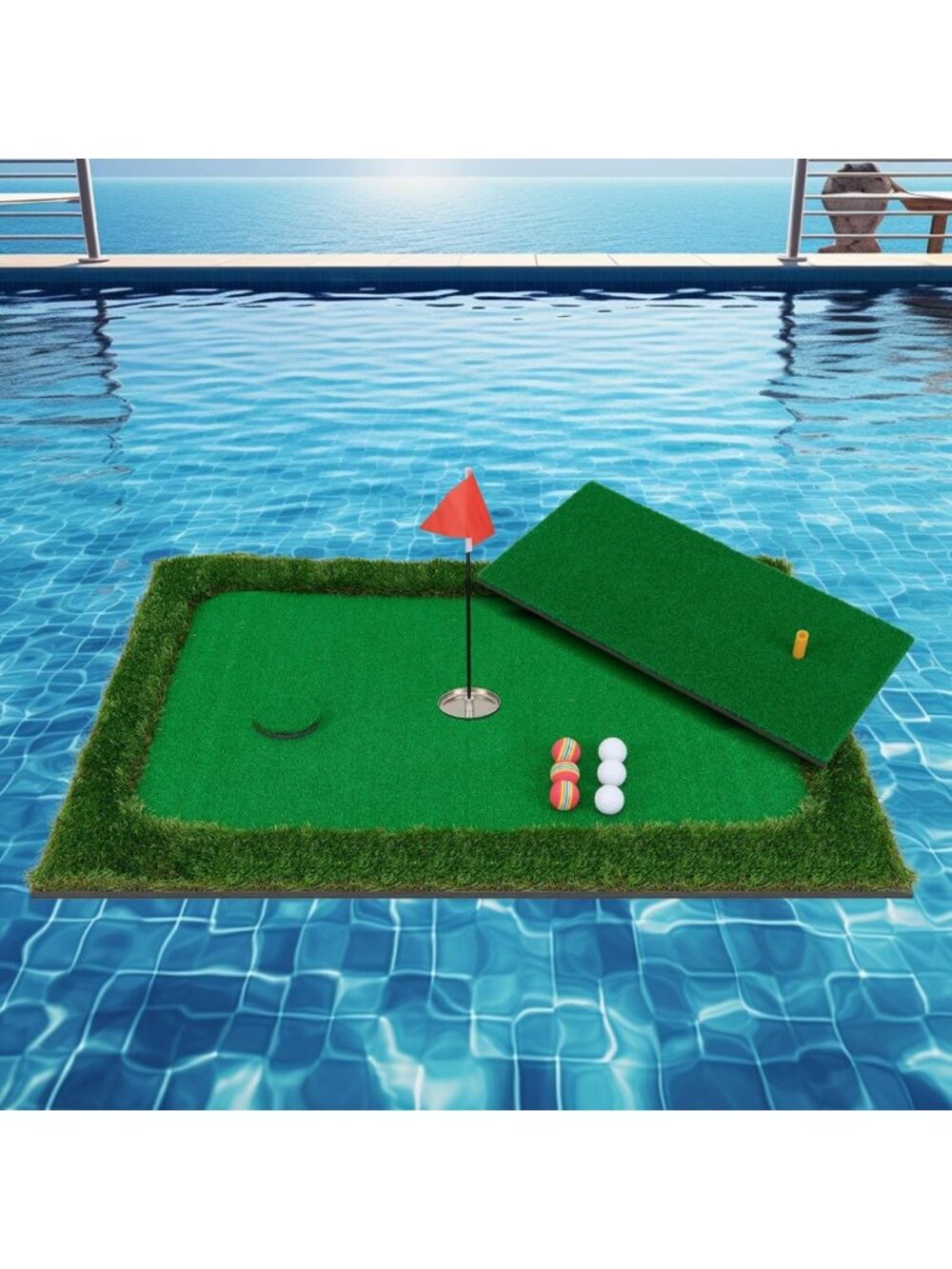 Floating Golf Green for Pool - Chipping & Putting Mat with Balls, Flag & Tee